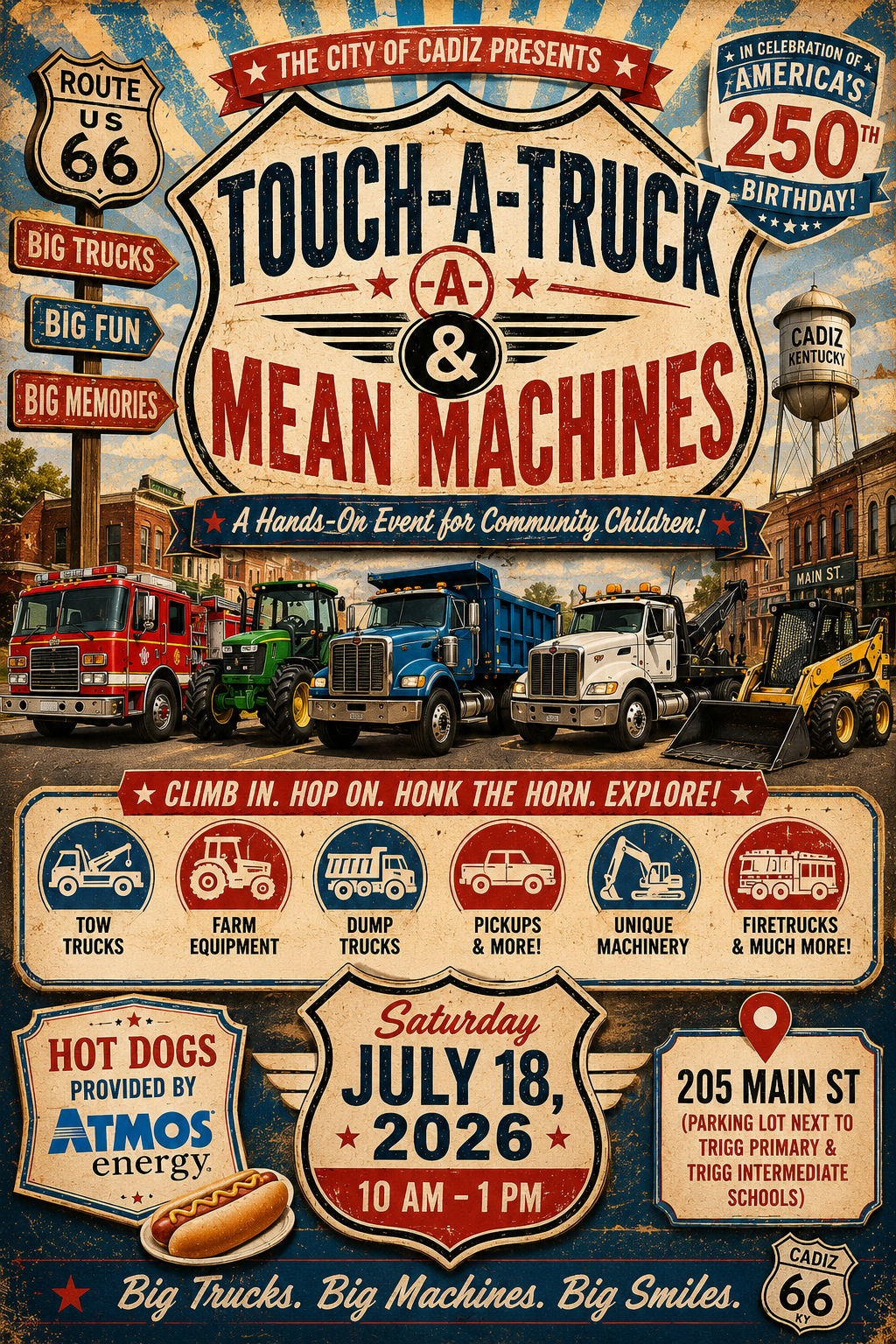 Image promoting the touch a truck and mean machines event on July 18th, 2026 at 205 main street in Cadiz